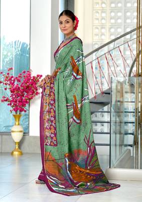 Green mulmul cotton hand block printed saree with contrast blouse piece 2