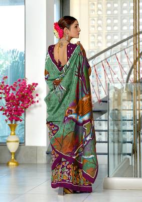Green mulmul cotton hand block printed saree with contrast blouse piece 3