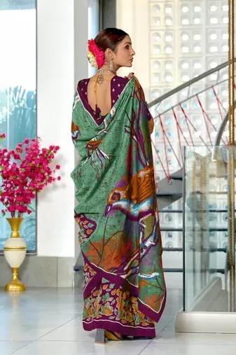 Green mulmul cotton hand block printed saree with contrast blouse piece