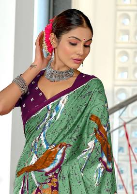 Green mulmul cotton hand block printed saree with contrast blouse piece 4