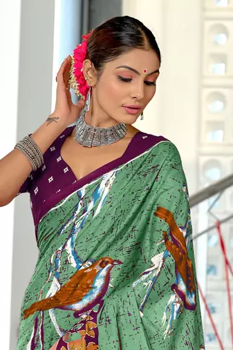 Green mulmul cotton hand block printed saree with contrast blouse piece