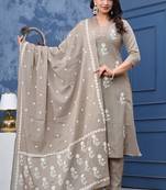 Stylish women cotton dorry embroidery long kurta pant & dupatta set