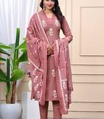 Stylish women cotton dorry embroidery long kurta pant & dupatta set
