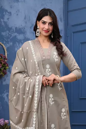 Stylish women cotton dorry embroidery long kurta pant & dupatta set