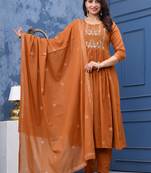 Stylish women dorry embroidery anarkali kurta pant & dupatta set