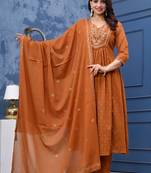 Stylish women dorry embroidery anarkali kurta pant & dupatta set