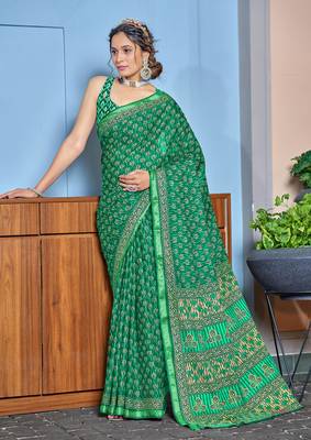 Green bagru block print modal mulcotton saree with blouse 1