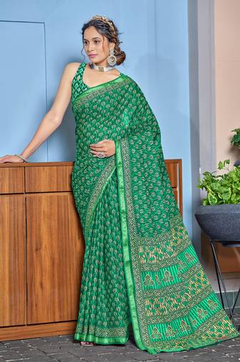 Green bagru block print modal mulcotton saree with blouse