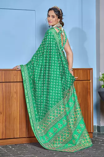 Green bagru block print modal mulcotton saree with blouse