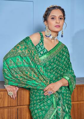 Green bagru block print modal mulcotton saree with blouse 3