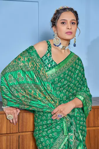 Green bagru block print modal mulcotton saree with blouse