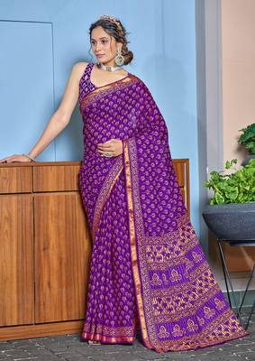 Purple bagru block print modal mulcotton saree with blouse 1