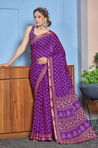 Purple bagru block print modal mulcotton saree with blouse