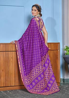 Purple bagru block print modal mulcotton saree with blouse 2