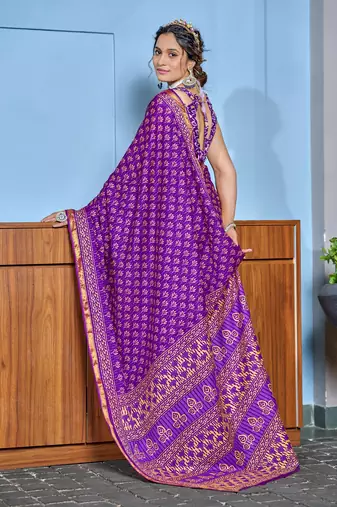 Purple bagru block print modal mulcotton saree with blouse