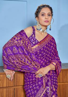 Purple bagru block print modal mulcotton saree with blouse 3