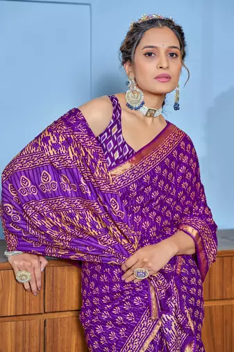 Purple bagru block print modal mulcotton saree with blouse