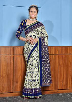 Blue bagru block print mul cotton saree with unstitched blouse 1