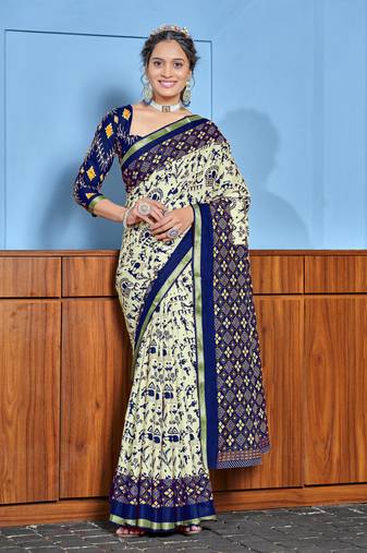 Blue bagru block print mul cotton saree with unstitched blouse
