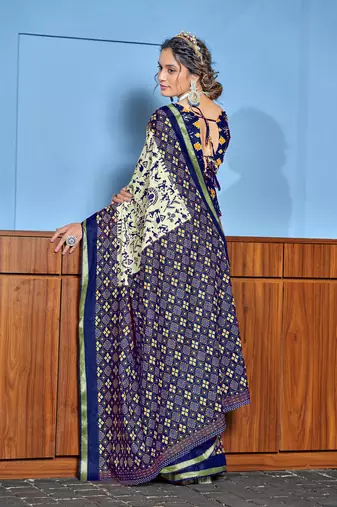 Blue bagru block print mul cotton saree with unstitched blouse