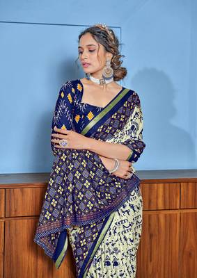 Blue bagru block print mul cotton saree with unstitched blouse 3