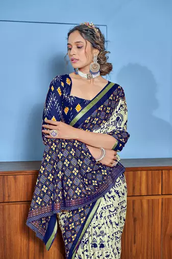 Blue bagru block print mul cotton saree with unstitched blouse