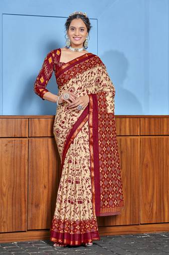 Red bagru block print mul cotton saree with unstitched blouse