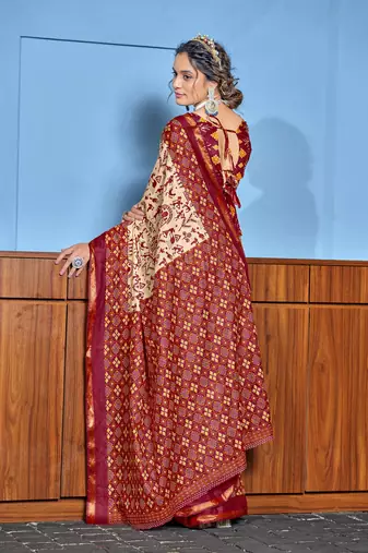 Red bagru block print mul cotton saree with unstitched blouse
