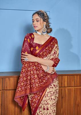 Red bagru block print mul cotton saree with unstitched blouse 3