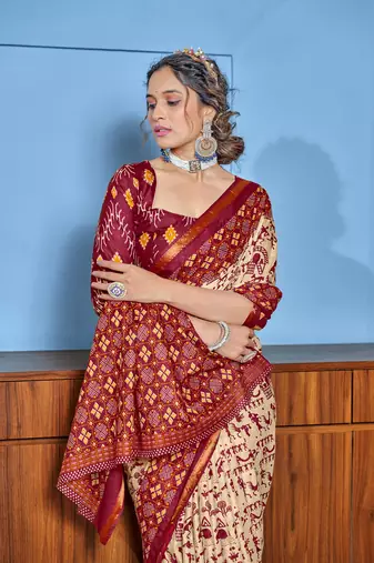 Red bagru block print mul cotton saree with unstitched blouse