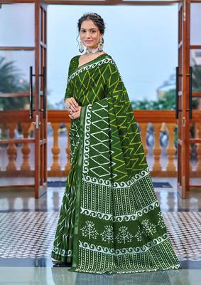 Green bagru block print modal mulcotton saree with unstitched blouse piece 1