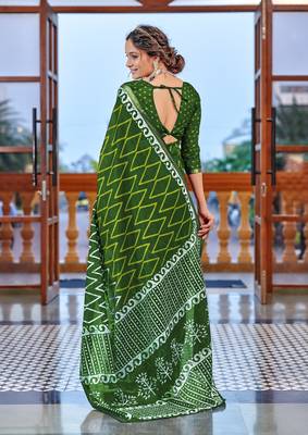 Green bagru block print modal mulcotton saree with unstitched blouse piece 2