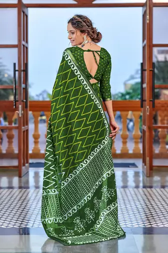 Green bagru block print modal mulcotton saree with unstitched blouse piece