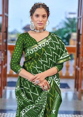 Green bagru block print modal mulcotton saree with unstitched blouse piece 3