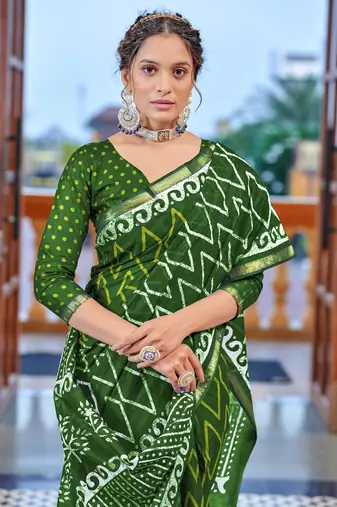 Green bagru block print modal mulcotton saree with unstitched blouse piece