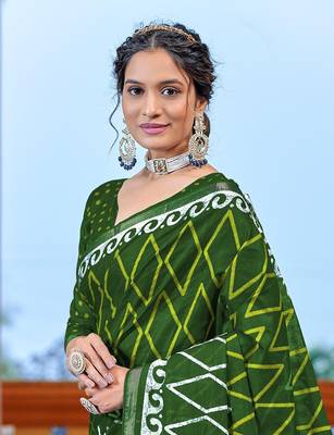 Green bagru block print modal mulcotton saree with unstitched blouse piece 4