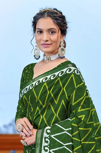 Green bagru block print modal mulcotton saree with unstitched blouse piece