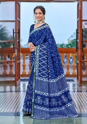 Blue bagru block print modal mulcotton saree with unstitched blouse piece 1