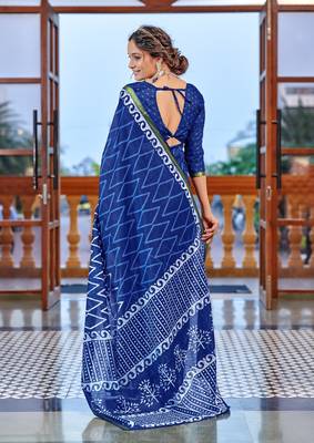Blue bagru block print modal mulcotton saree with unstitched blouse piece 2
