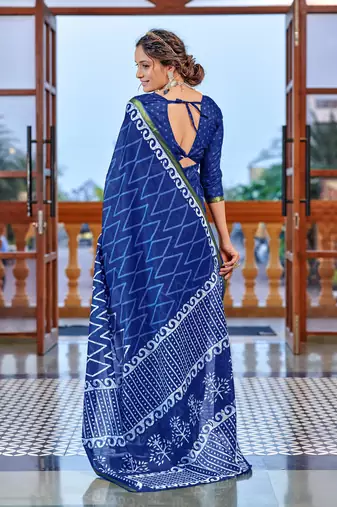 Blue bagru block print modal mulcotton saree with unstitched blouse piece