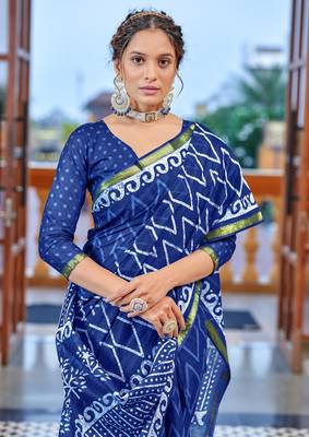 Blue bagru block print modal mulcotton saree with unstitched blouse piece 3