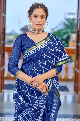 Blue bagru block print modal mulcotton saree with unstitched blouse piece