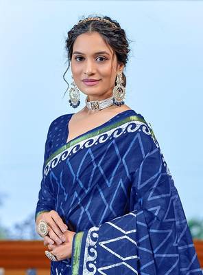 Blue bagru block print modal mulcotton saree with unstitched blouse piece 4