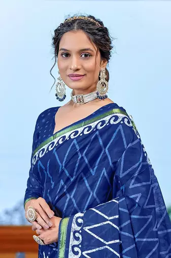Blue bagru block print modal mulcotton saree with unstitched blouse piece