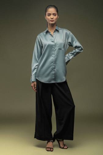 Teal blue satin shirt