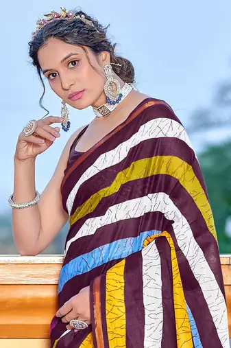 Multicolor bagru block print mul cotton saree with unstitched blouse