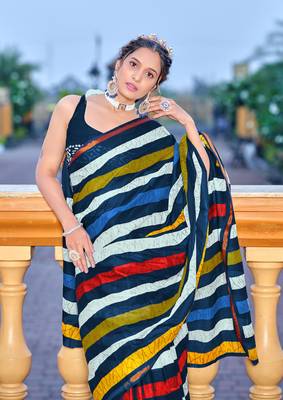 Multicolor bagru block print mul cotton saree with unstitched blouse 3
