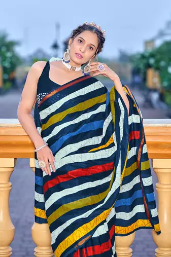 Multicolor bagru block print mul cotton saree with unstitched blouse