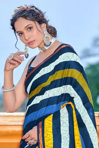 Multicolor bagru block print mul cotton saree with unstitched blouse