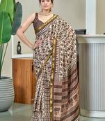 Brown bagru block print modal mulcotton saree with unstitched blouse piece